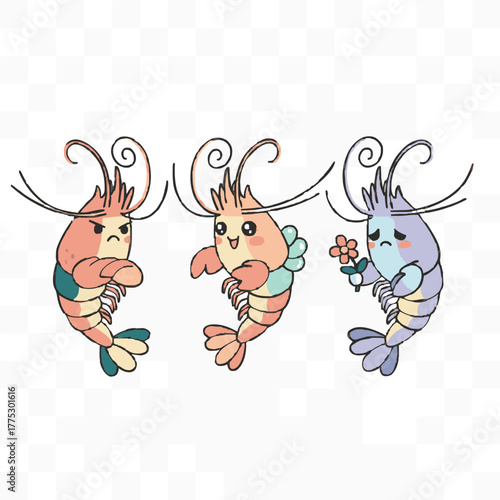 Three cute colorful anemone shrimps with different emotions in pastel tone vector illustration