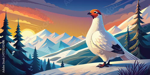 Ptarmigan in a snowy mountain landscape with pine trees and sunset sky