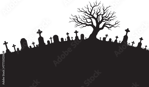 Graveyard on Hill Silhouette with Tree and Headstones – Halloween Gothic Icon for Spooky and Haunted Design