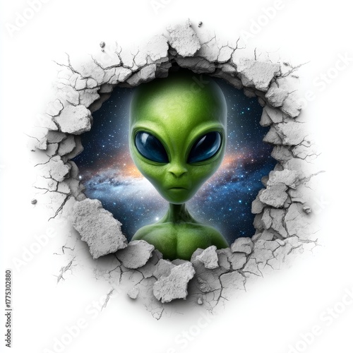 Green alien face emerging through cracked wall with outer space background, science fiction artwork, mysterious extraterrestrial concept
