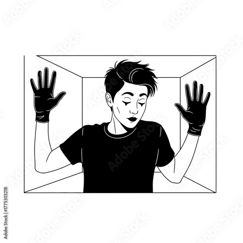 An Expressive Black Vector Silhouette of a Non Binary Mime Artist Trapped in an Invisible Box