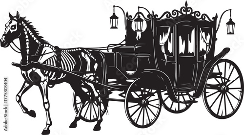 Skeletal Horse-Drawn Hearse Silhouette – Gothic Halloween Icon for Vintage, Macabre, and Decorative Design