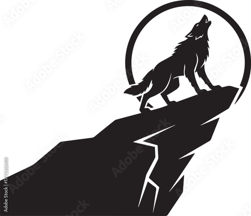 Howling Wolf Silhouette on Cliff with Moon – Wilderness and Mystical Icon for Nature, Fantasy, and Decorative Design