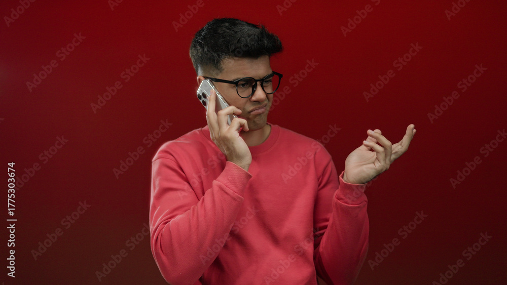 Fototapeta premium Man in glasses with phone against red background displaying expression of curiosity and wonder.