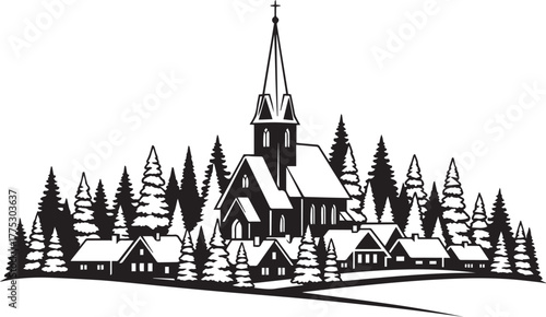 Snowy Village Silhouette with Church and Trees – Christmas Winter Scene Icon for Holiday and Religious Themes