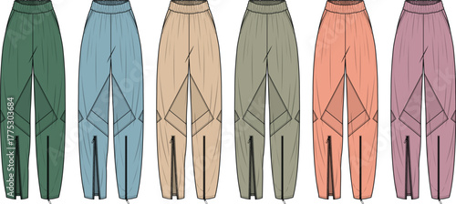 Vector illustration set of women's high-waisted pants in a palette of muted earth tone colors for apparel design and clothing manufacturing