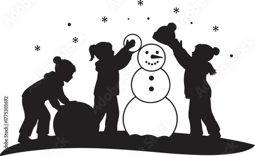 Children Building Snowman Silhouette – Winter Holiday Icon for Christmas, Seasonal Fun, and Festive Design