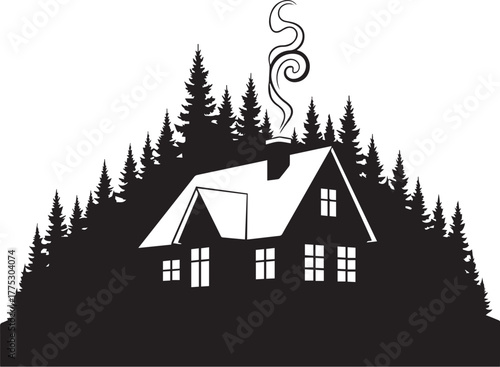 Forest Cabin Silhouette with Pine Trees and Smoke – Rustic House Icon for Winter, Nature, and Outdoor Themes