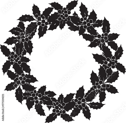 Christmas Holly Wreath Silhouette – Festive Holiday Decoration Icon for Seasonal Design and Winter Celebrations
