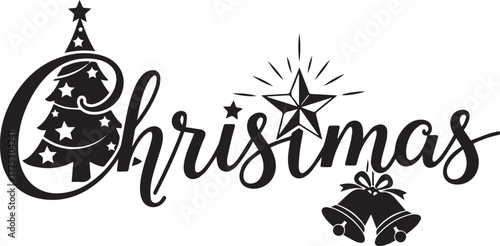 Christmas Decorative Typography with Tree and Jingle Bells – Festive Holiday Word Art for Seasonal Design