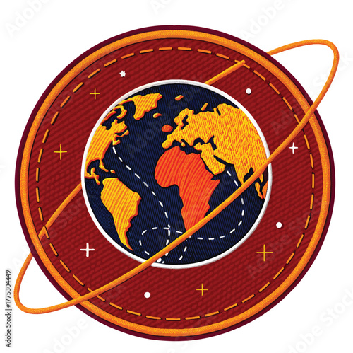 Embroidery style globe with orbiting rings, featuring continents and stitched details, perfect for global business concepts and educational themes.