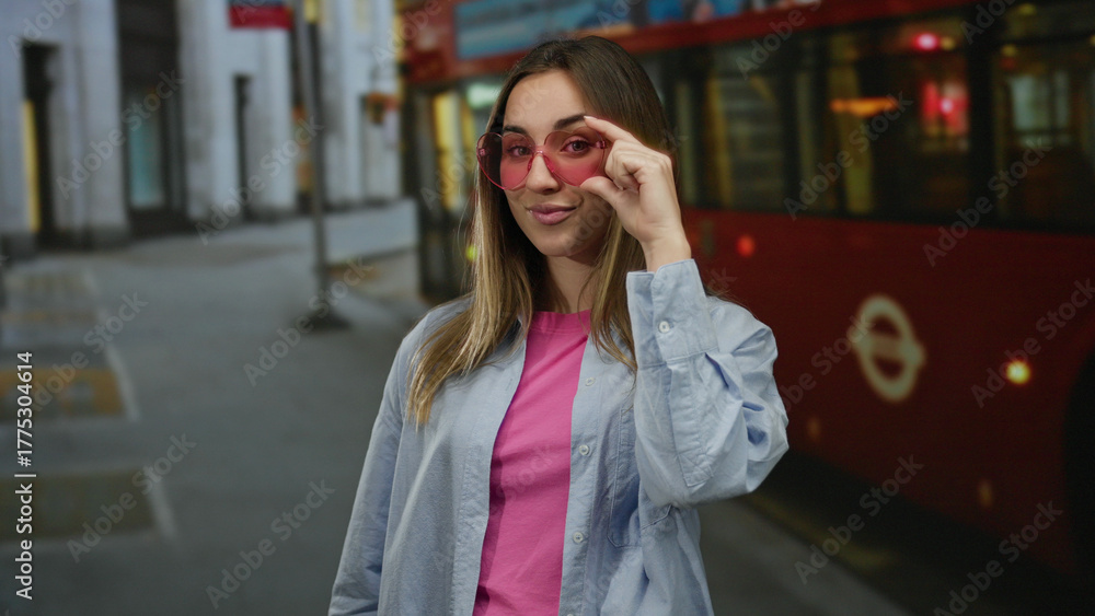 Fototapeta premium Young woman in pink shirt and sunglasses smiles on city street with background of red bus and buildings showing a lively urban outdoor atmosphere.