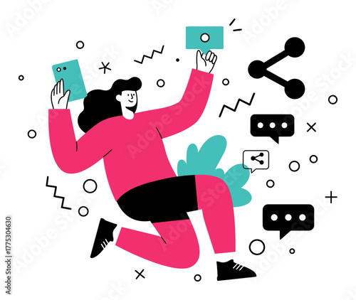 Person Going Viral with Share Symbols, Minimalist Flat Vector Illustration