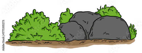 Cartoon style rocks and green bushes illustration. Isolated group of stones and foliage on soil