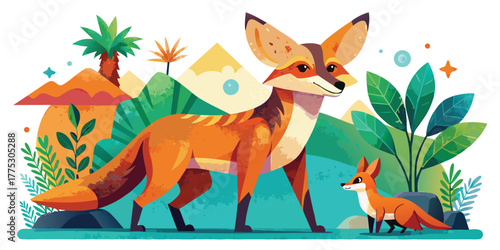 Brazilian maned wolf family in the desert landscape