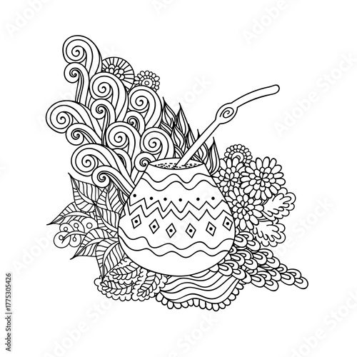 Yerba mate tea calabash gourd and straw or bombilla, and floral doodle pattern. Hand drawn black and white illustration traditional beverage of Argentina for coloring book, print and more.