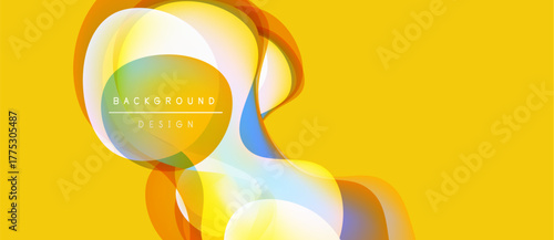 Abstract yellow background features overlapping translucent shapes. Colors include orange, blue, white. Modern design element.