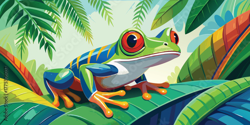 A vibrant redeyed tree frog perched amidst lush foliage and leaves