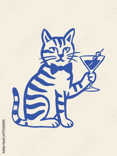 Cat with martini cocktail, naive sketch vector illustration