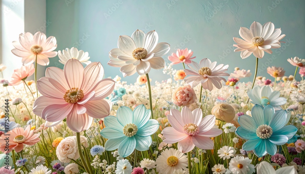 Obraz premium 柔らかな光に透けるガラスの花とマットウォールのフォトリアルスチルライフ ミントとピンクのパステルトーンで描く上品なガラスアート構図 70年代ヴィンテージカラーに映える透明ガラスフラワーのエレガント静物
