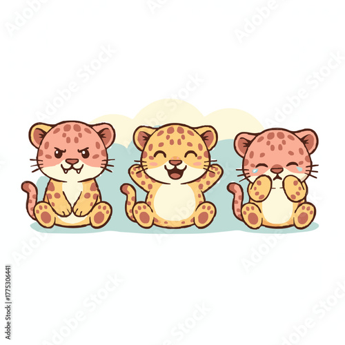 Three cute cartoon leopard cubs expressing different emotions such as happy, sad, and angry in vector illustration