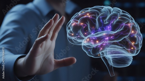Concept of human machine interaction, a human hand reaching toward holographic AI brain with neural connections, glowing blue and purple tones.