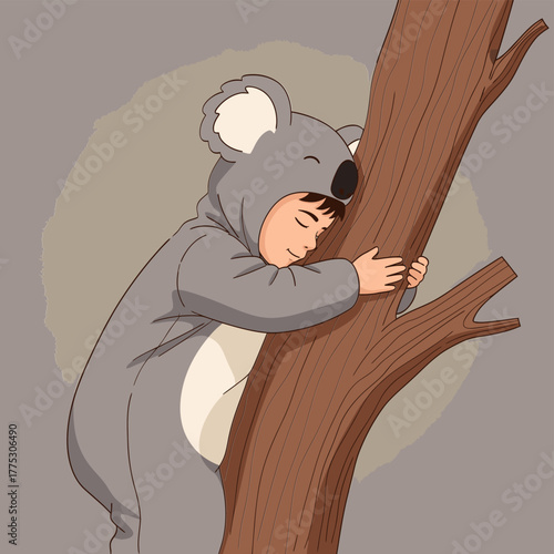 Child in Koala Costume Hugging Tree.