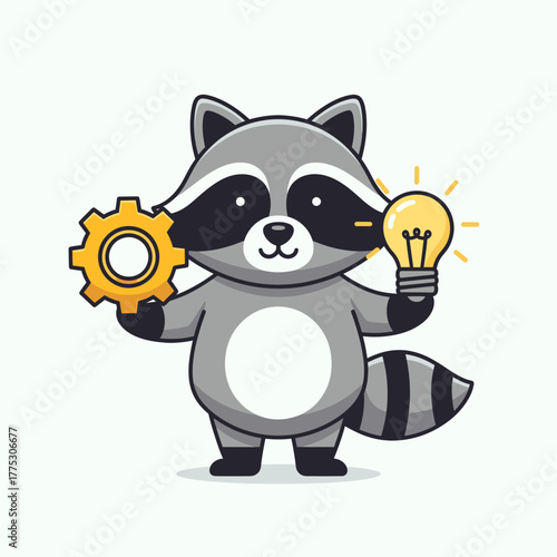 Cartoon Raccoon Holding Gear and Light Bulb.
