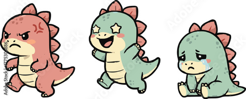 Three cute cartoon Stegosaurus dinosaur expressing different emotions in pastel vector illustration set