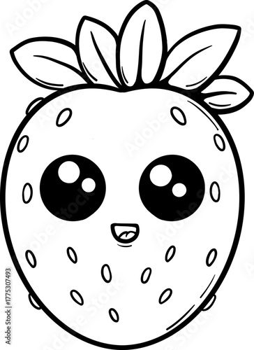 Cheerful cute kawaii food character for coloring page. Happy strawberry with face. Vector outline illustration for kids design.