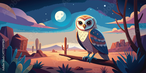Whimsical desert owl perched on a branch under the moonlight in the desert