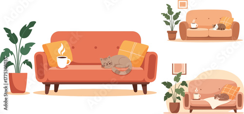 Cozy living room scene with sofas plants and pets creating a relaxing atmosphere