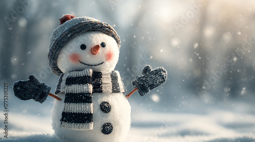 Cute snowman with raised arms, wearing hat and scarf, in falling snow; winter wonderland concept.