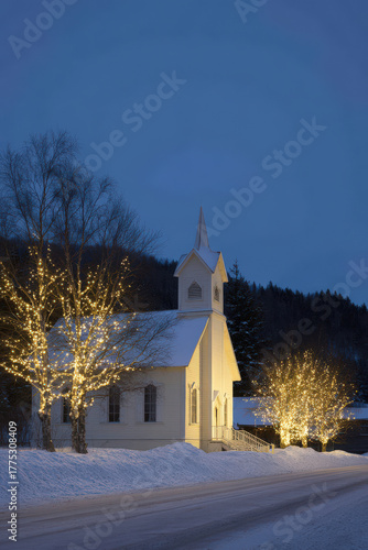 enchanting american church beautifully adorned with twinkling christmas lights creating magical ambiance