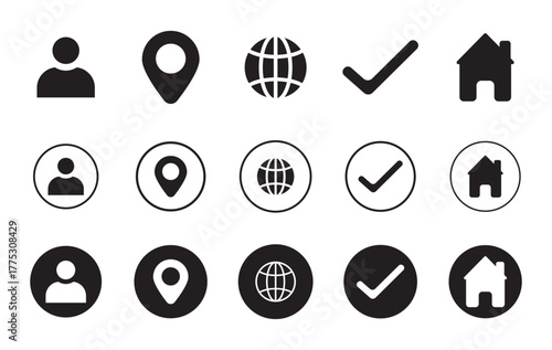 Location icon set. Containing contact information, name, address, location, website, telephone, mail and more.  Black and white icon vector business card all icon.