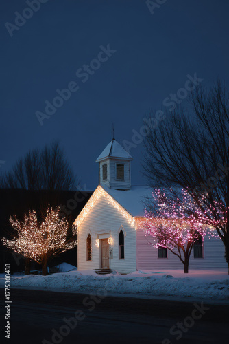 enchanting american church beautifully adorned with twinkling christmas lights creating magical ambiance