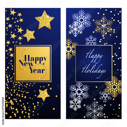 2026 - 2 flyers pour le nouvel an, bleu nuit, blanc et or, avec en décoration des étoiles, et des cristaux de glace.