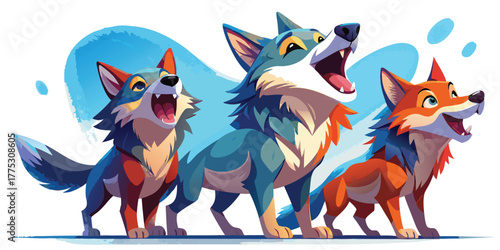 Three happy cute cartoon wolves howling together in detail vector illustration