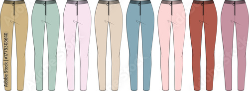 Collection of various colored pants displayed in a row, featuring neutral and pastel shades for versatile styling options