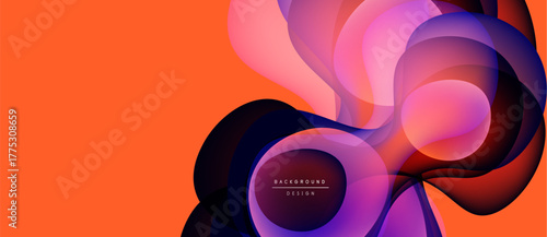 Abstract fluid shapes overlap, creating vibrant color gradients. Orange background complements purple, pink hues. Modern design element.