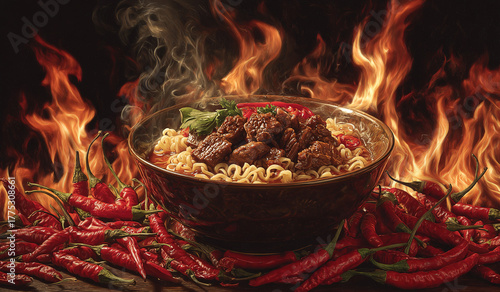 Bowl of spicy noodle dish with beef chunks, surrounded by red chilies and flames; intense heat