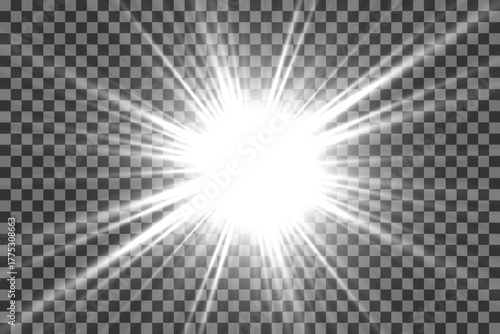Bright white light burst with lens flare effect vector illustration for design elements isolated on transparent background Rough noisy sand dotted backdrop