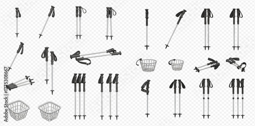 Set of hand-drawn hiking and trekking poles with baskets, isolated on transparent background.