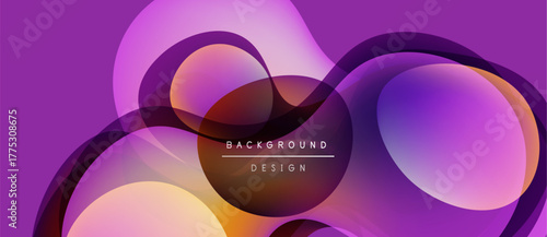 Abstract purple background features overlapping translucent circles. Gradient colors blend from orange to violet. Text reads background design.