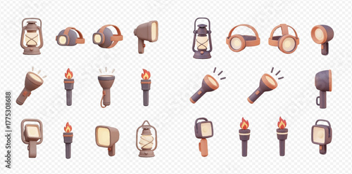 A collection of 3D rendered travel and adventure icons including backpacks, mugs, passports, cameras, hiking boots, maps, and an airplane.