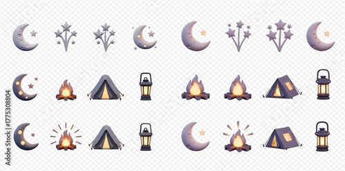 Collection of 3D rendered camping and night sky icons featuring moons, stars, fireworks, campfires, tents, and lanterns on a transparent background.