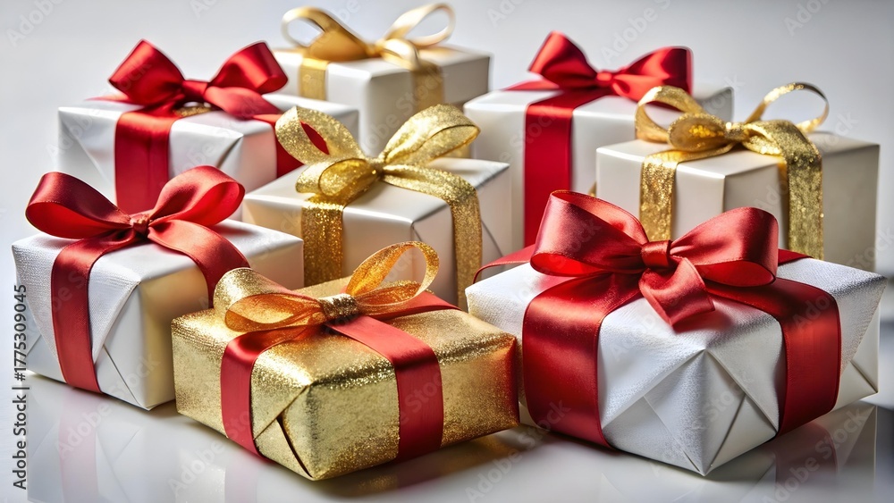 Fototapeta premium Many beautifully wrapped christmas gifts with red and gold ribbons are arranged on a white background