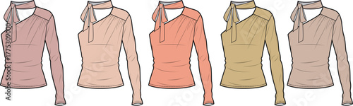 Vector illustration set of a women's modern one-shoulder long-sleeve top with a choker neck strap, presented in multiple colorways