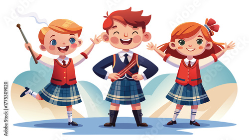 Three cute and happy children wearing scottish traditional clothe cartoon illustration vector art drawing for children
