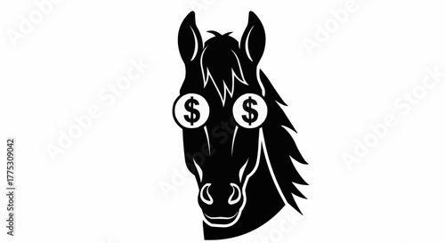 Funny horse head with dollar sign eyes, a playful finance mascot for investment success, financial markets, and business growth with a quirky, humorous twist